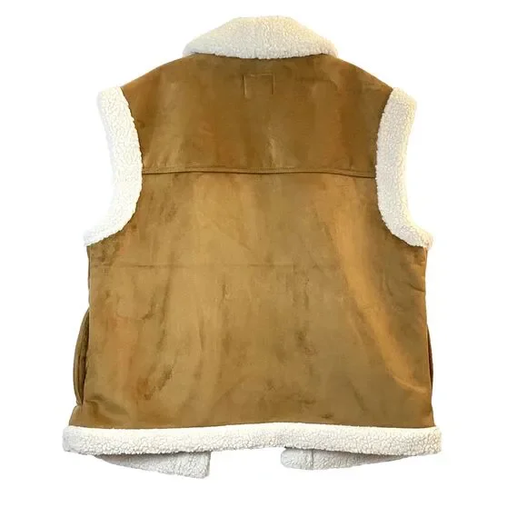 Old Navy Sherpa Lined Faux Suede Vest Womens Size L Cream Camel Brown Jacket - Picture 4 of 16